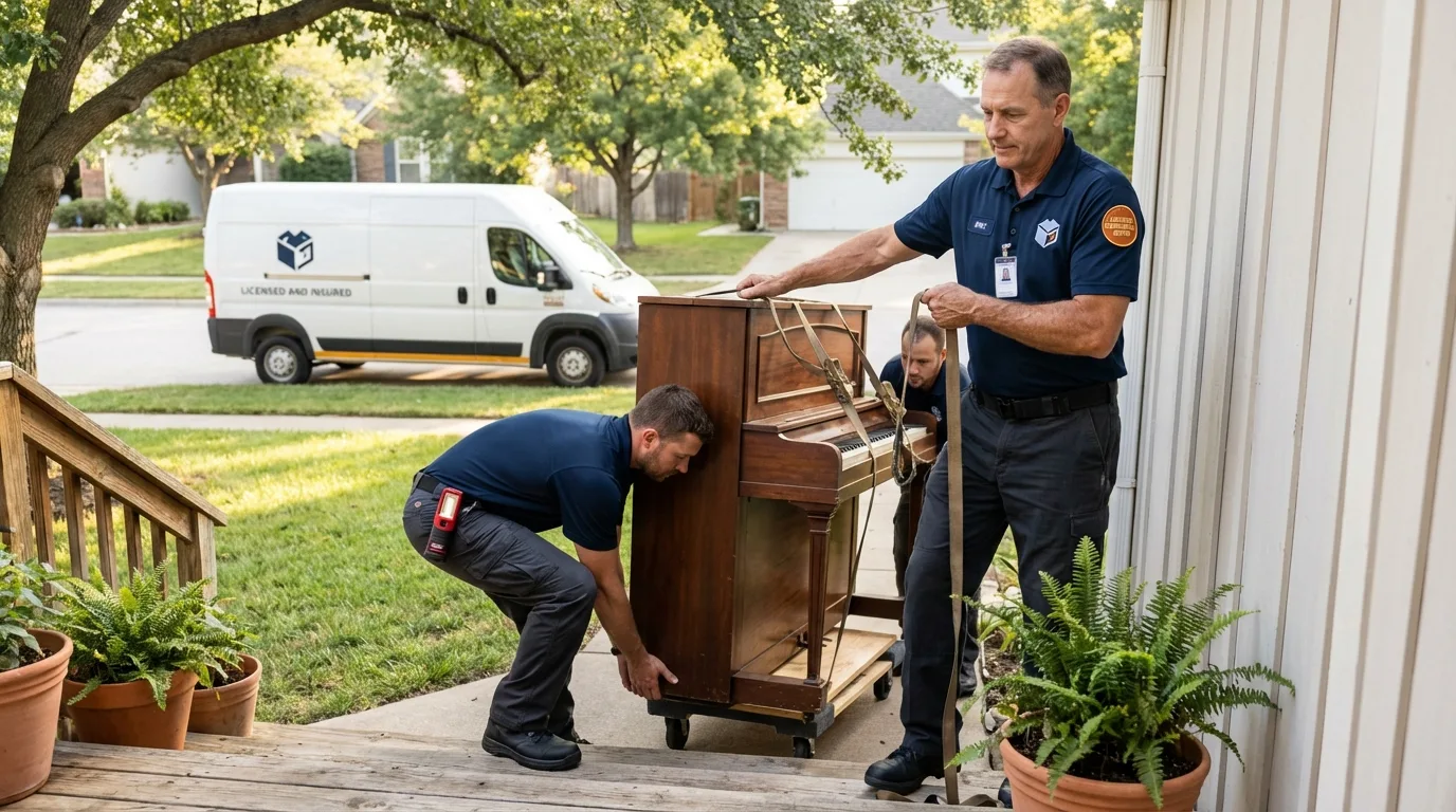 Licensed piano movers securing grand piano in Buffalo, IA