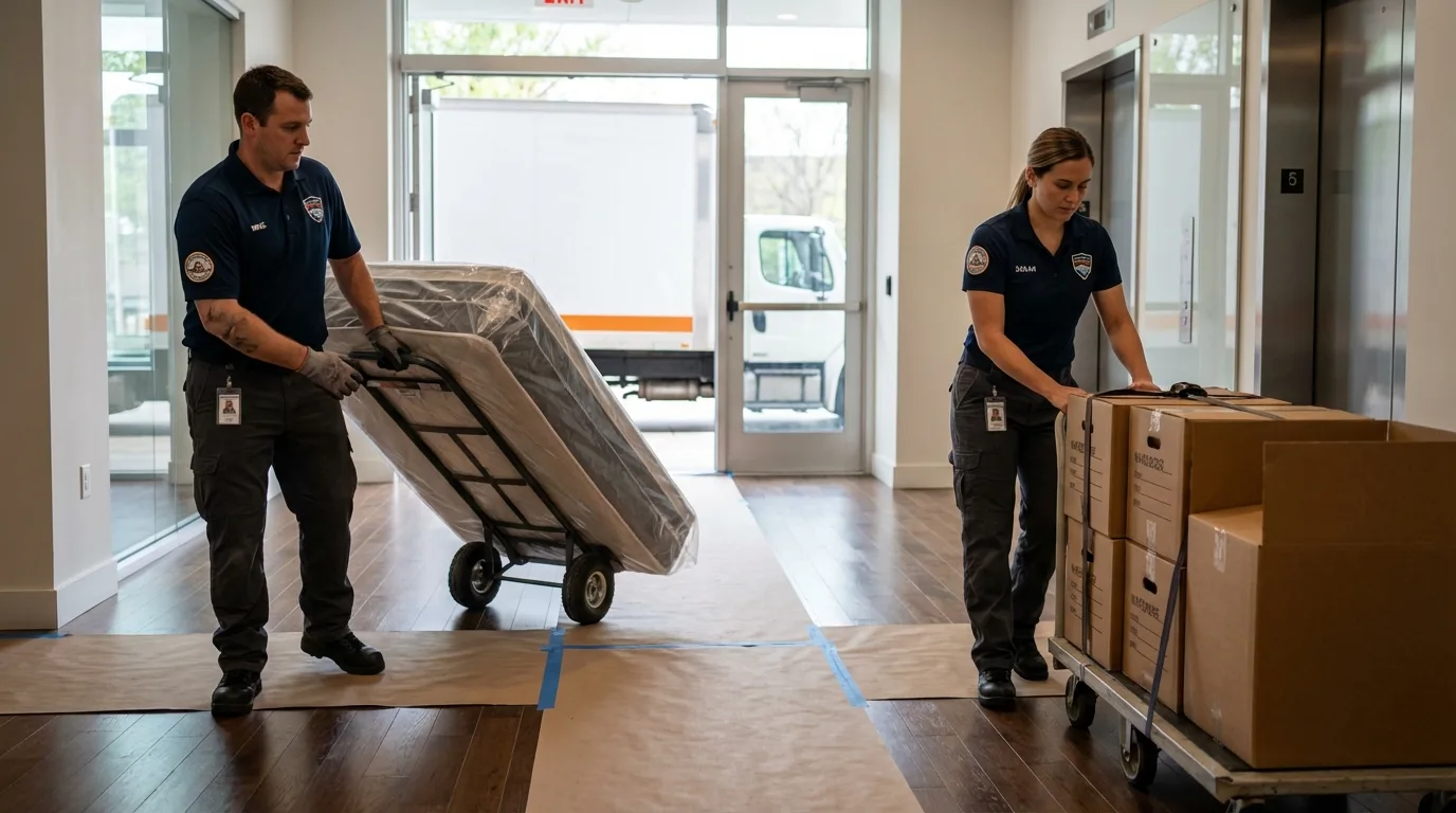 Professional apartment movers loading elevator in Buffalo, IA